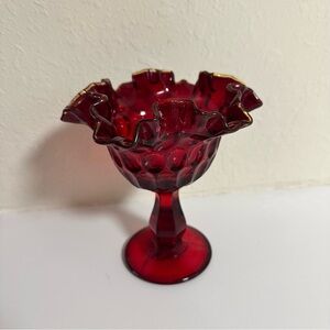 Vintage Ruby Red Ruffled Glass Compote Candy Dish – 6” Tall, Pedestal Base